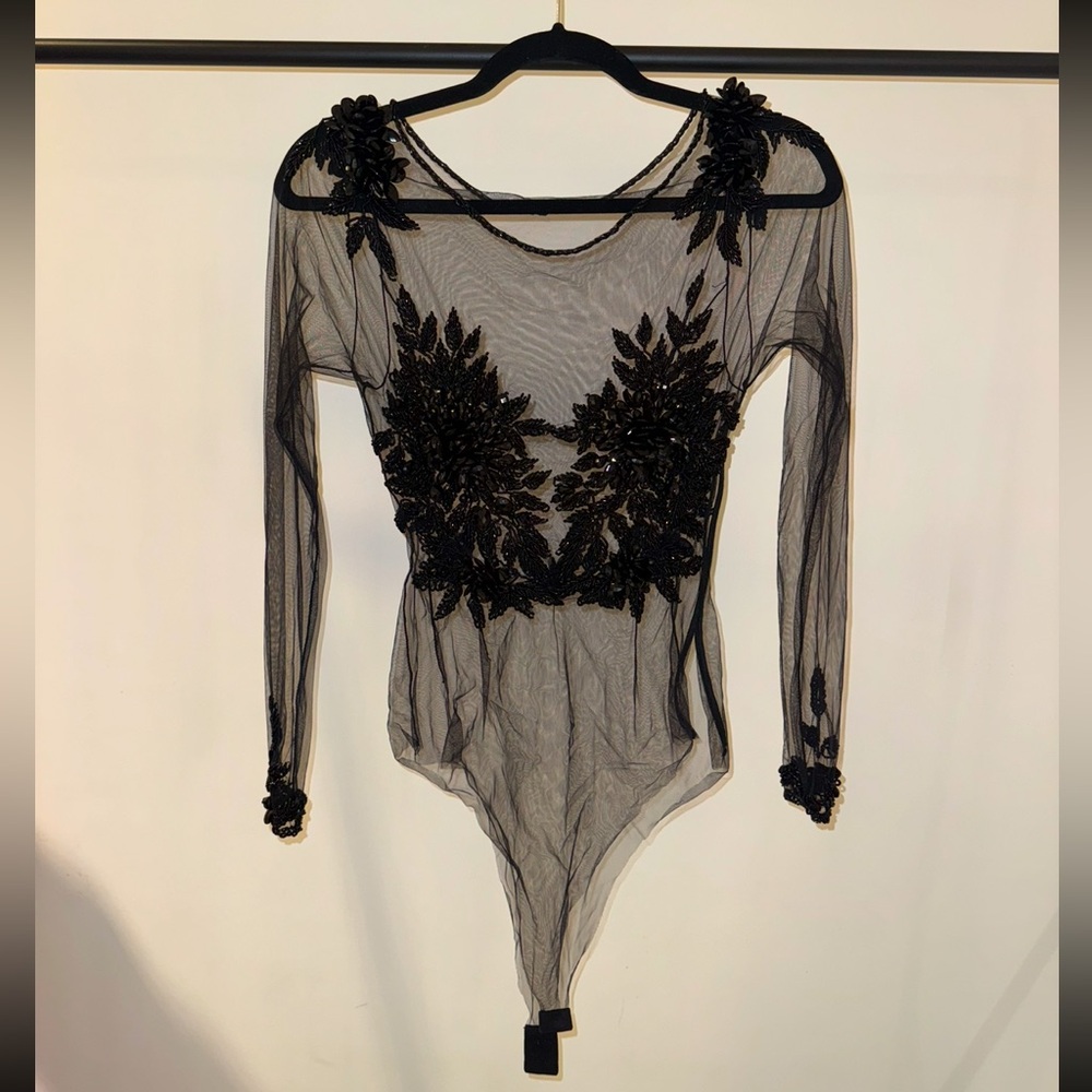 Nurielle Black Mesh Bodysuit with Crystal Embellishments